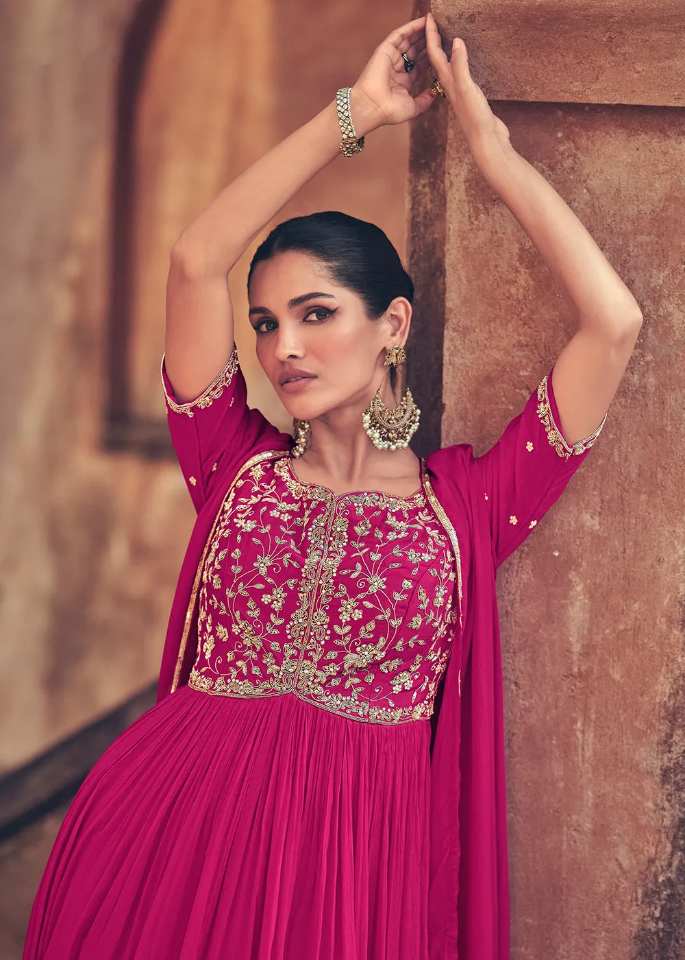 Festive Style Rani Pink Embroidered Chinnon Anarkali Suit