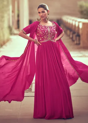 Festive Style Rani Pink Embroidered Chinnon Anarkali Suit