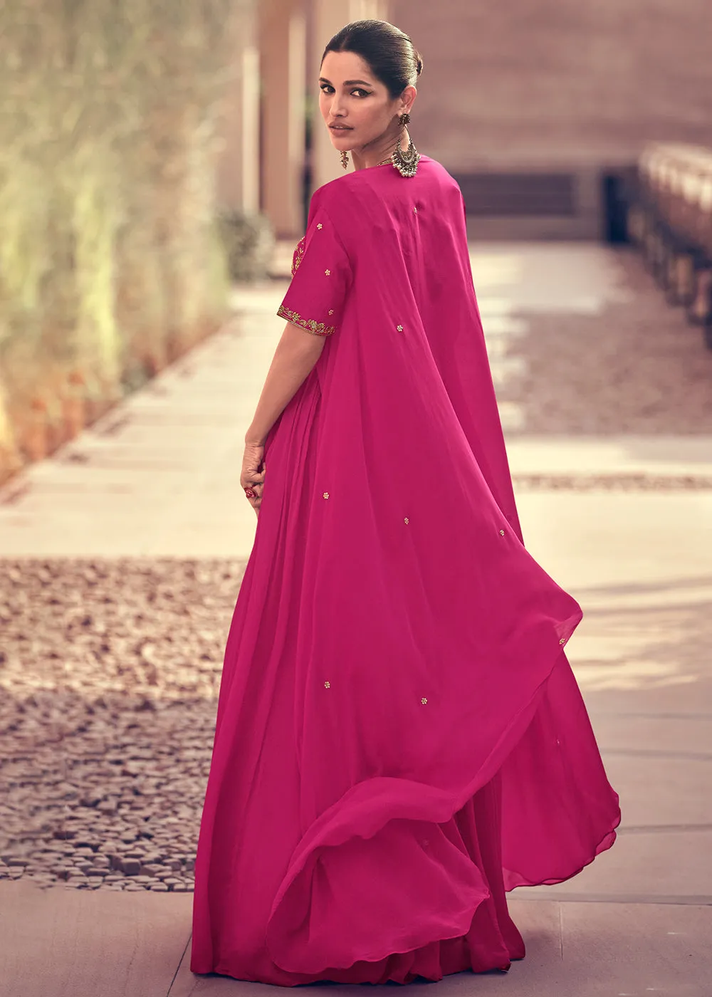 Festive Style Rani Pink Embroidered Chinnon Anarkali Suit