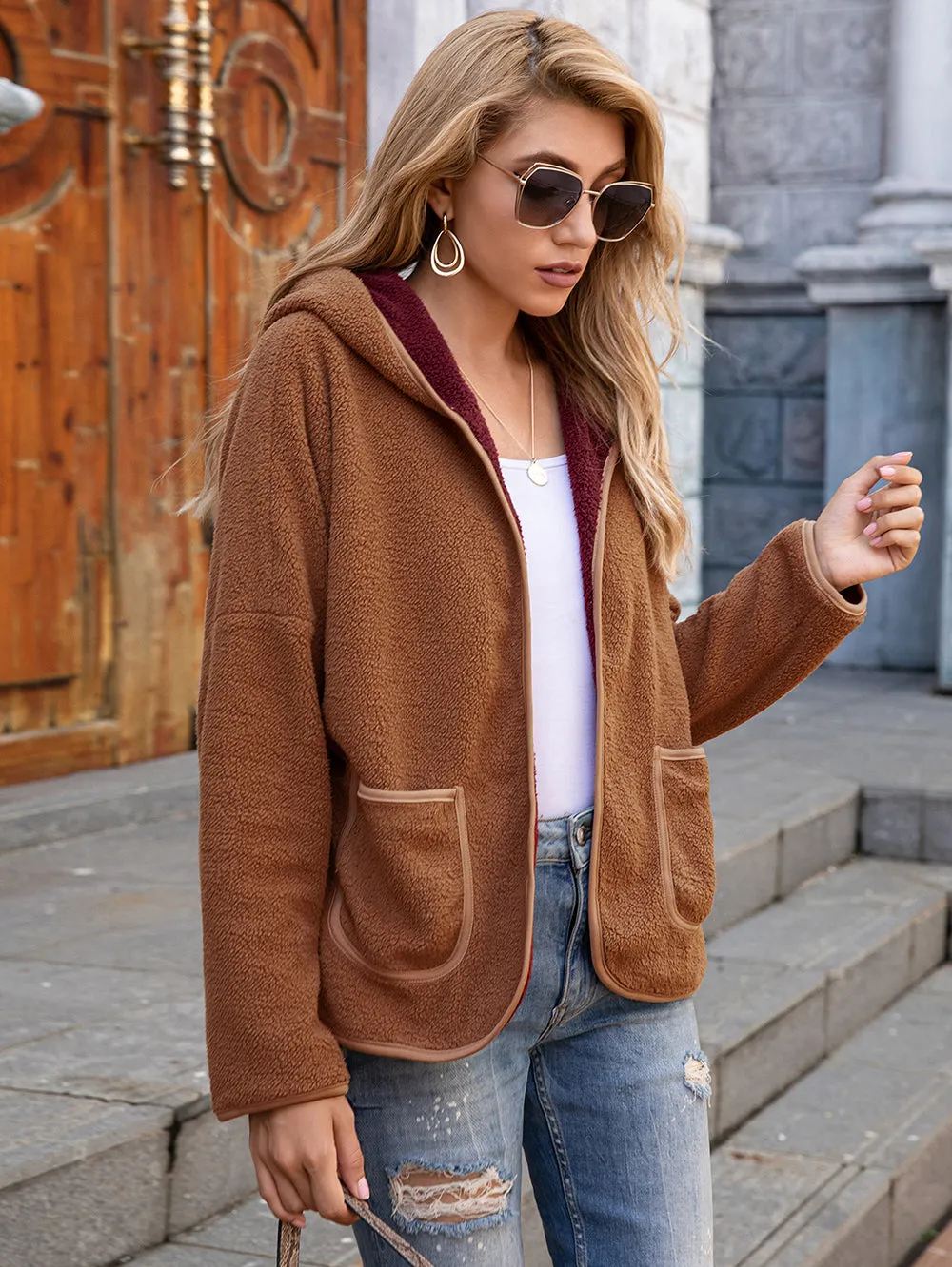 Fleece Open Front Pocket Hoodie