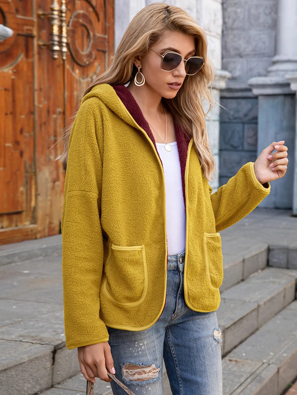 Fleece Open Front Pocket Hoodie