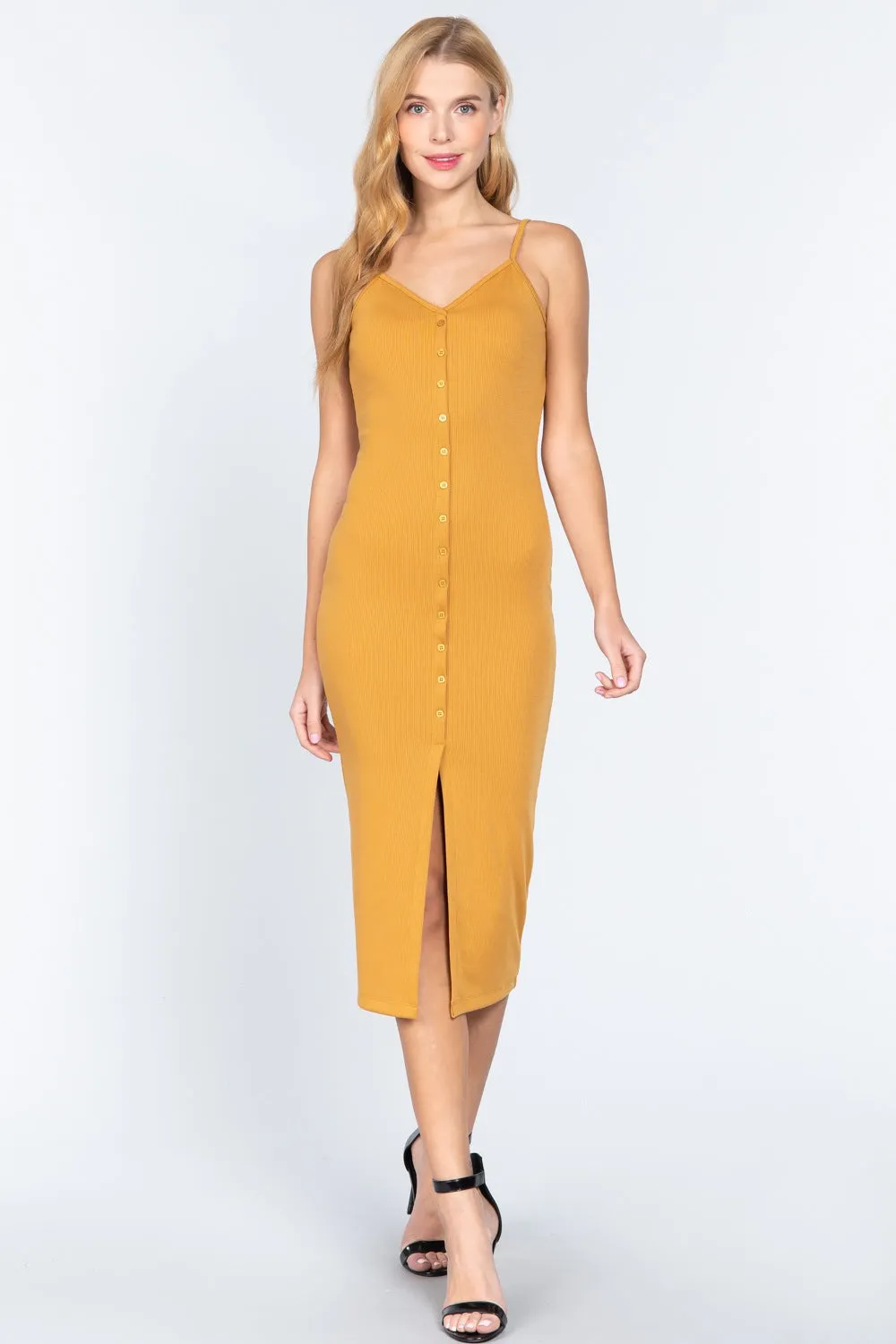 Fron Button Slit Rib Cami Midi Dress