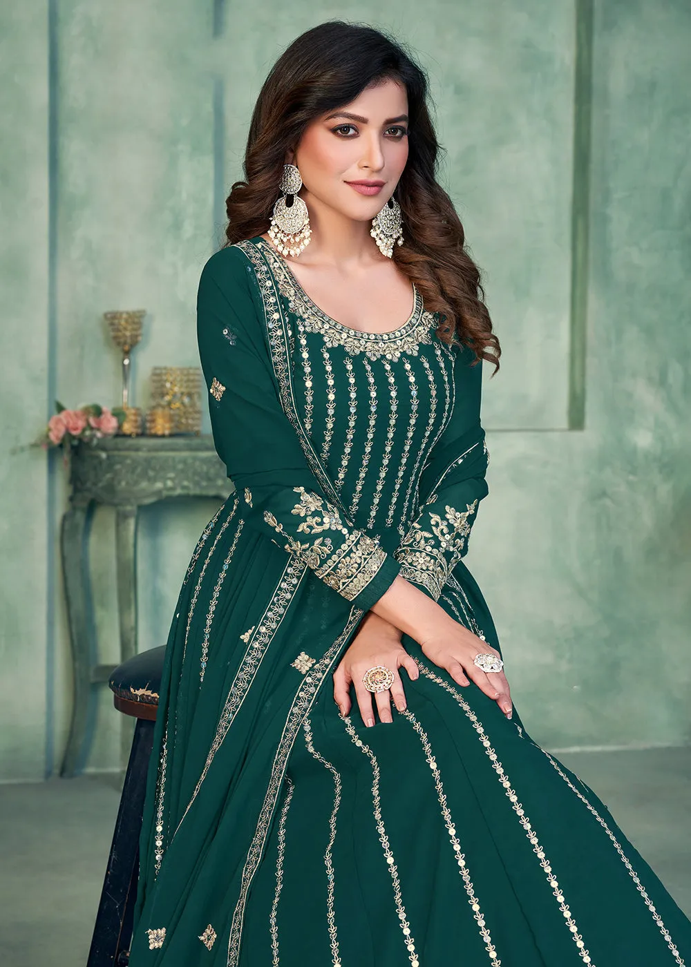 Georgette Fabric Green Embroidered Wedding Party Anarkali Suit