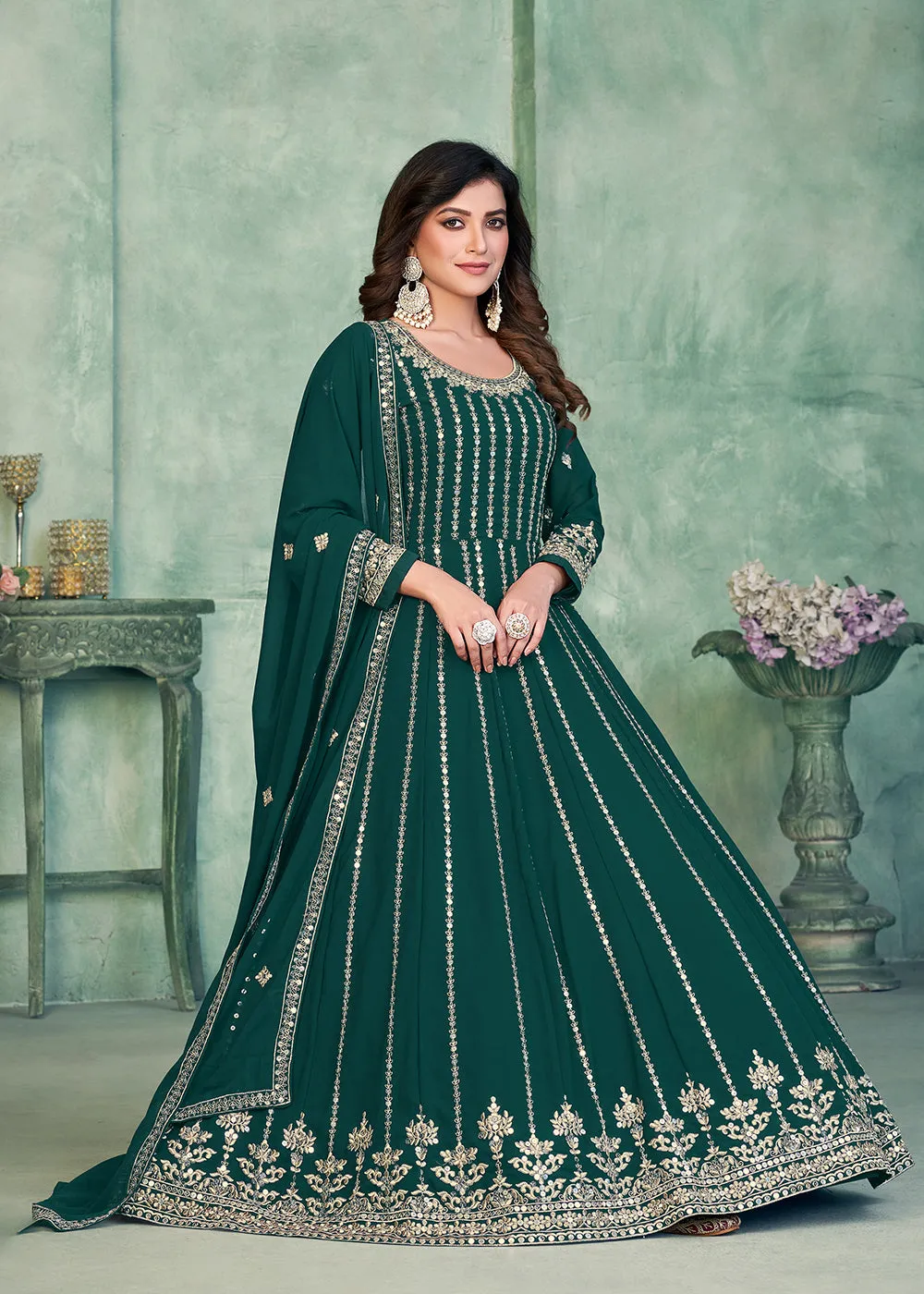 Georgette Fabric Green Embroidered Wedding Party Anarkali Suit