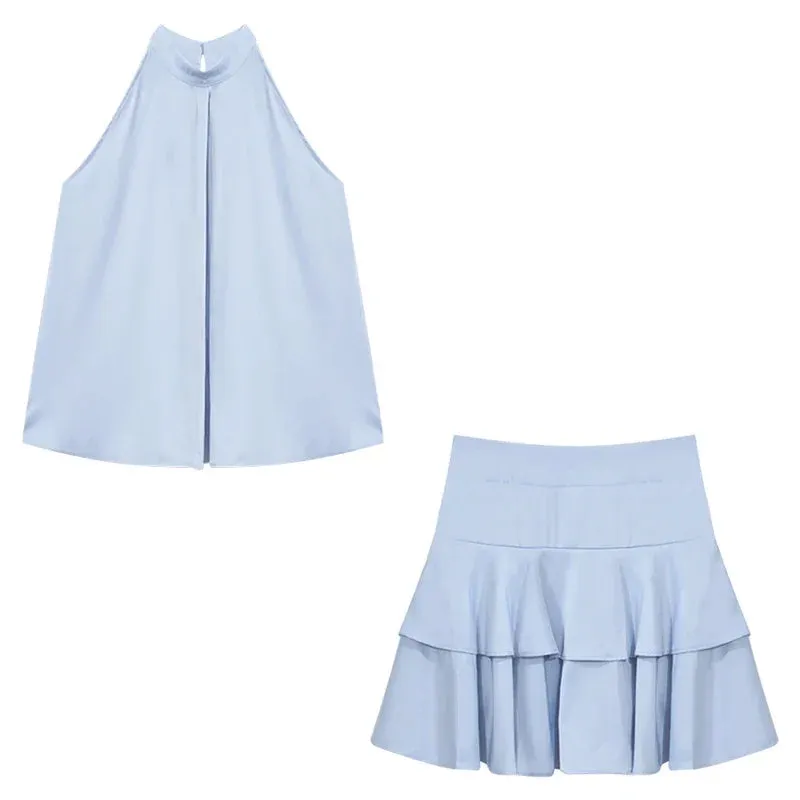 Girlary French Elegant Matching Sets Halter Sleeveless Tops High Waist Ruffles Stitching Mini Skirt Summer Fashion 2 Piece Skirts Suits