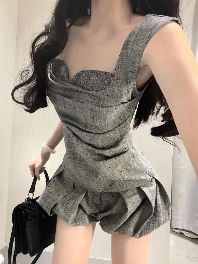 Girlary French Vintage Dots 2 Piece Set Women Casual Design Sleeveless Tops   Elegant Mini Pleated Skirt Summer Korean Office Lady Suits