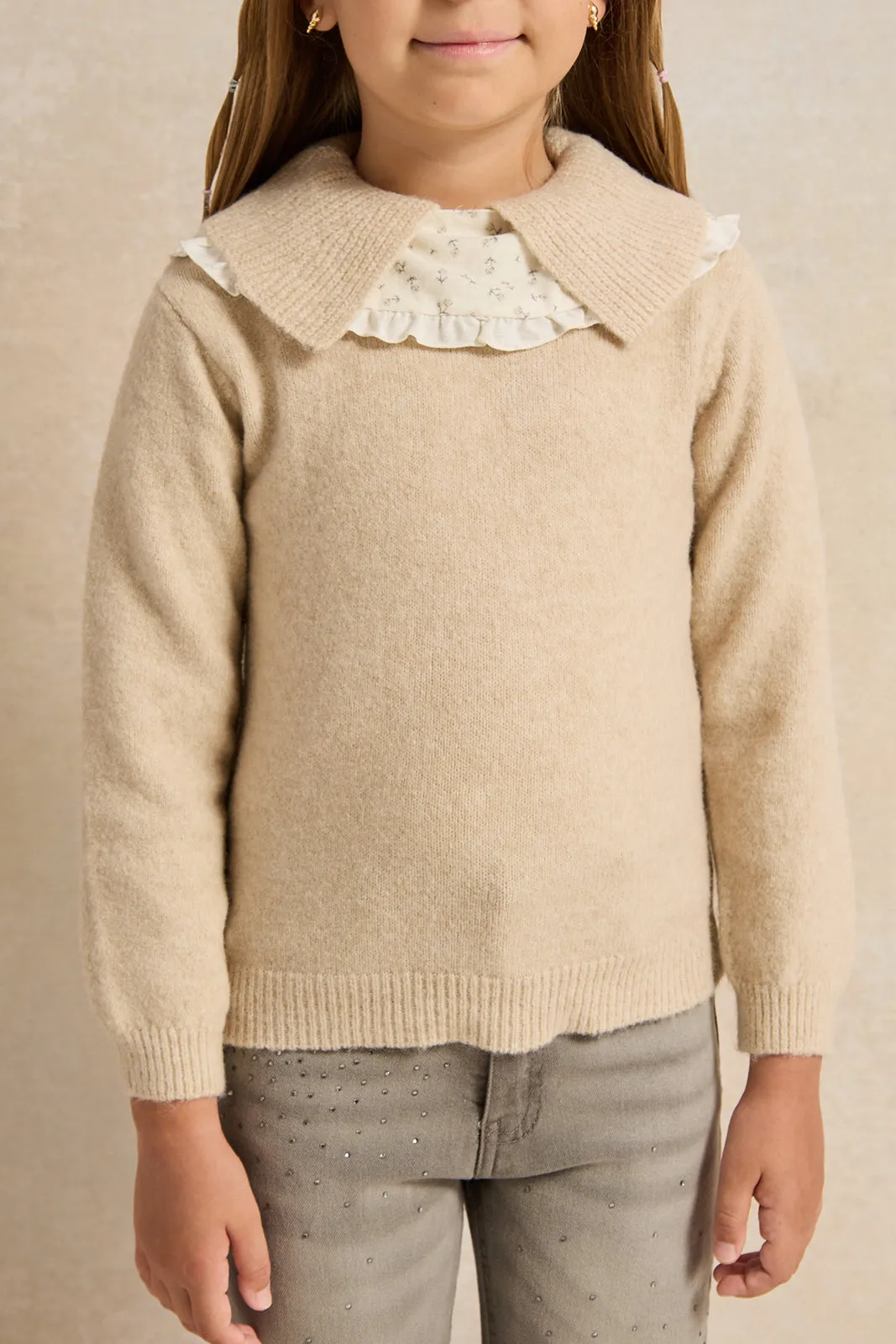 Girls Beige Collared Pullover