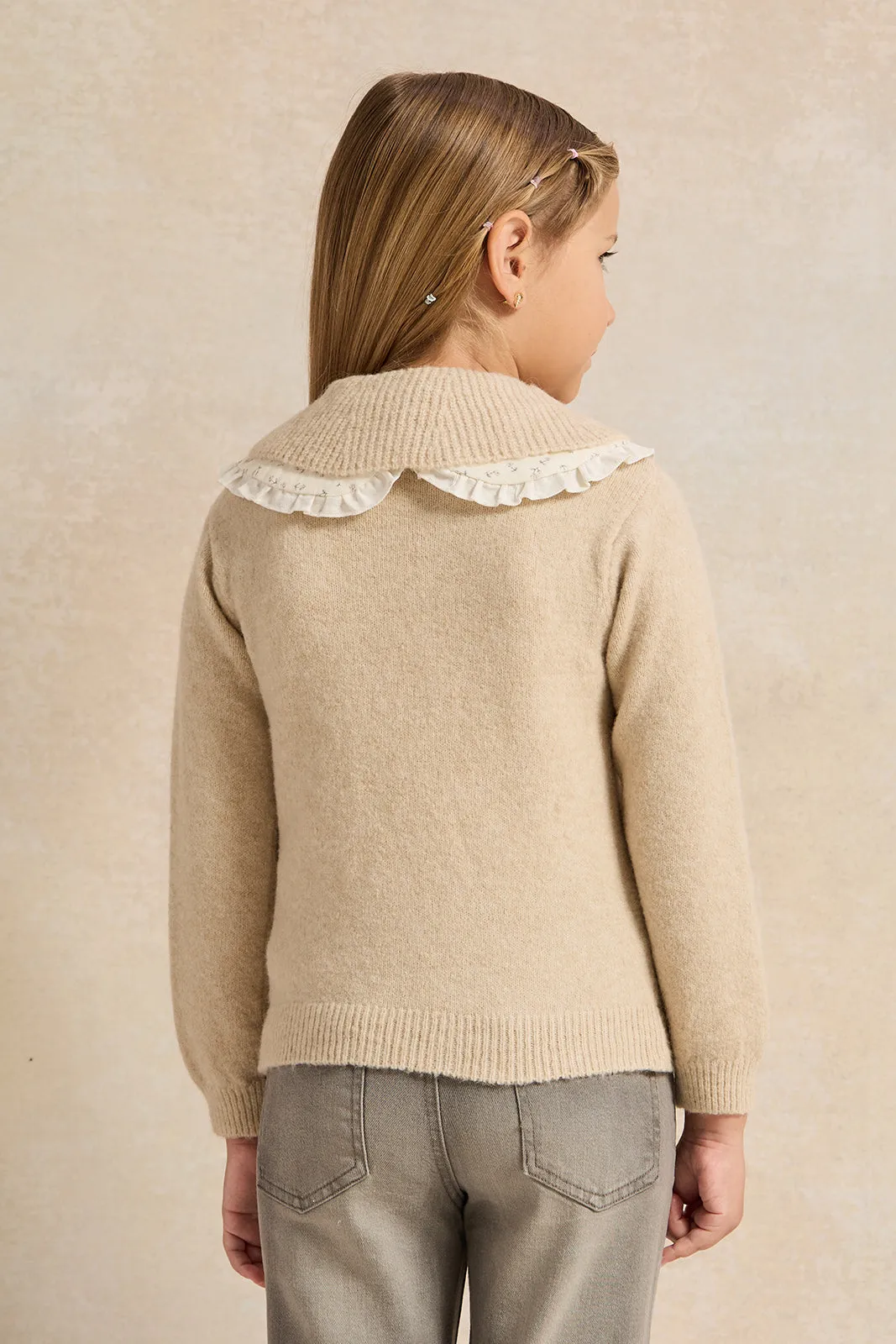 Girls Beige Collared Pullover