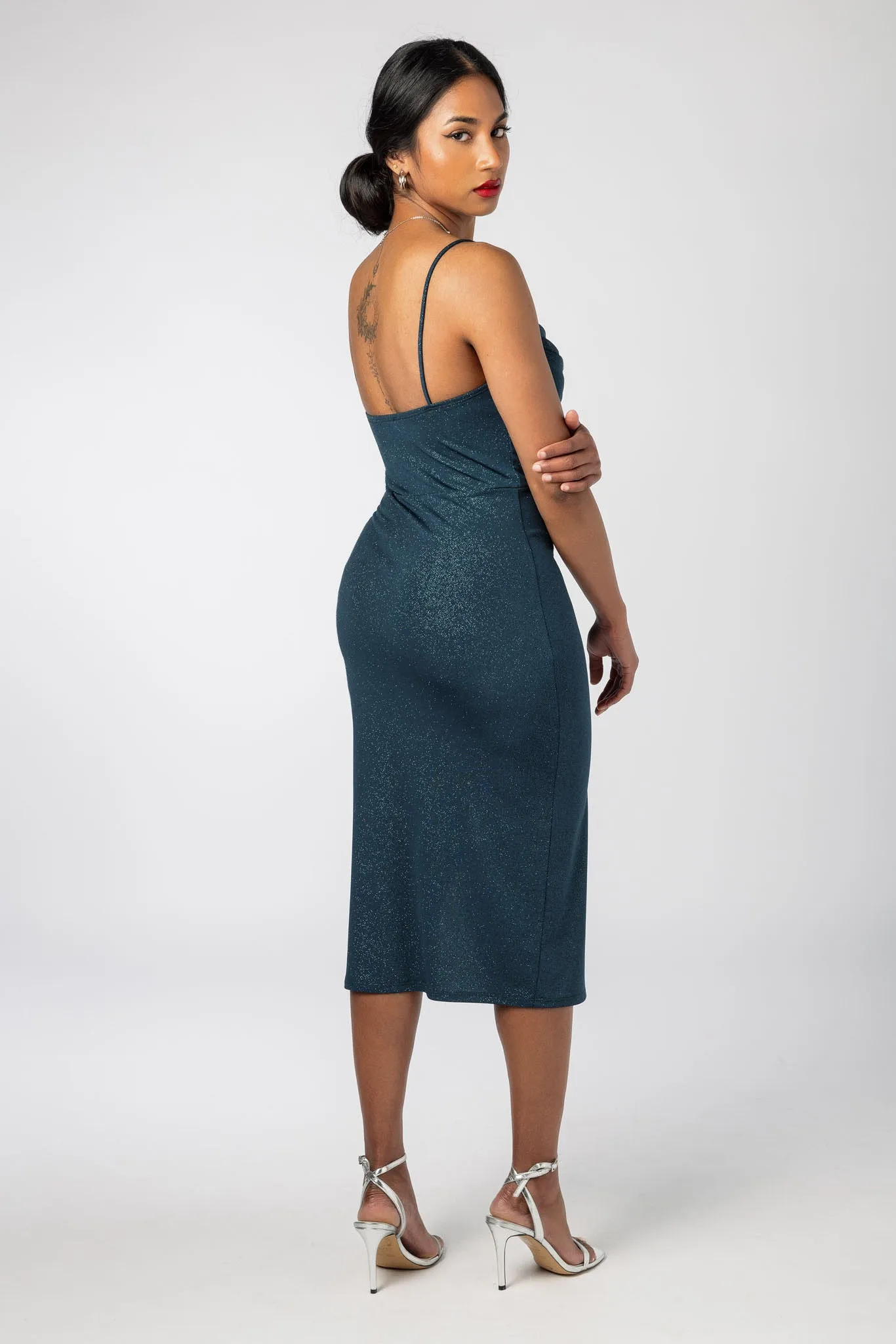 Glitter Drape Neck Midi Dress