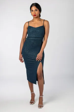 Glitter Drape Neck Midi Dress