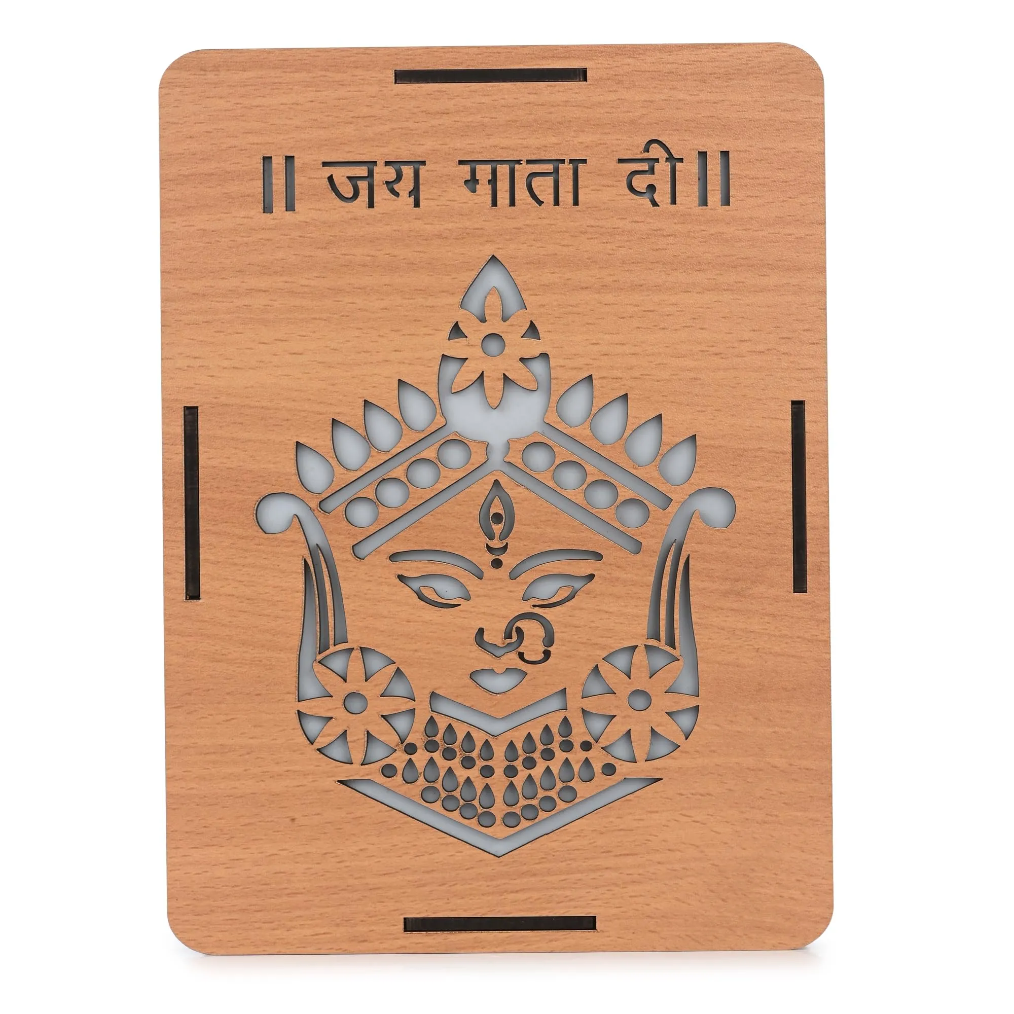 Gojeeva Premium Engineered Wood Multicolor LED Jai Mata Di Carved Pattern Wall Frame For Home, Office, Drawing Room, Wooden Frame LED Wall Frame Lamp, Landscape, Brown (18X12cm), (Pack Of 1)