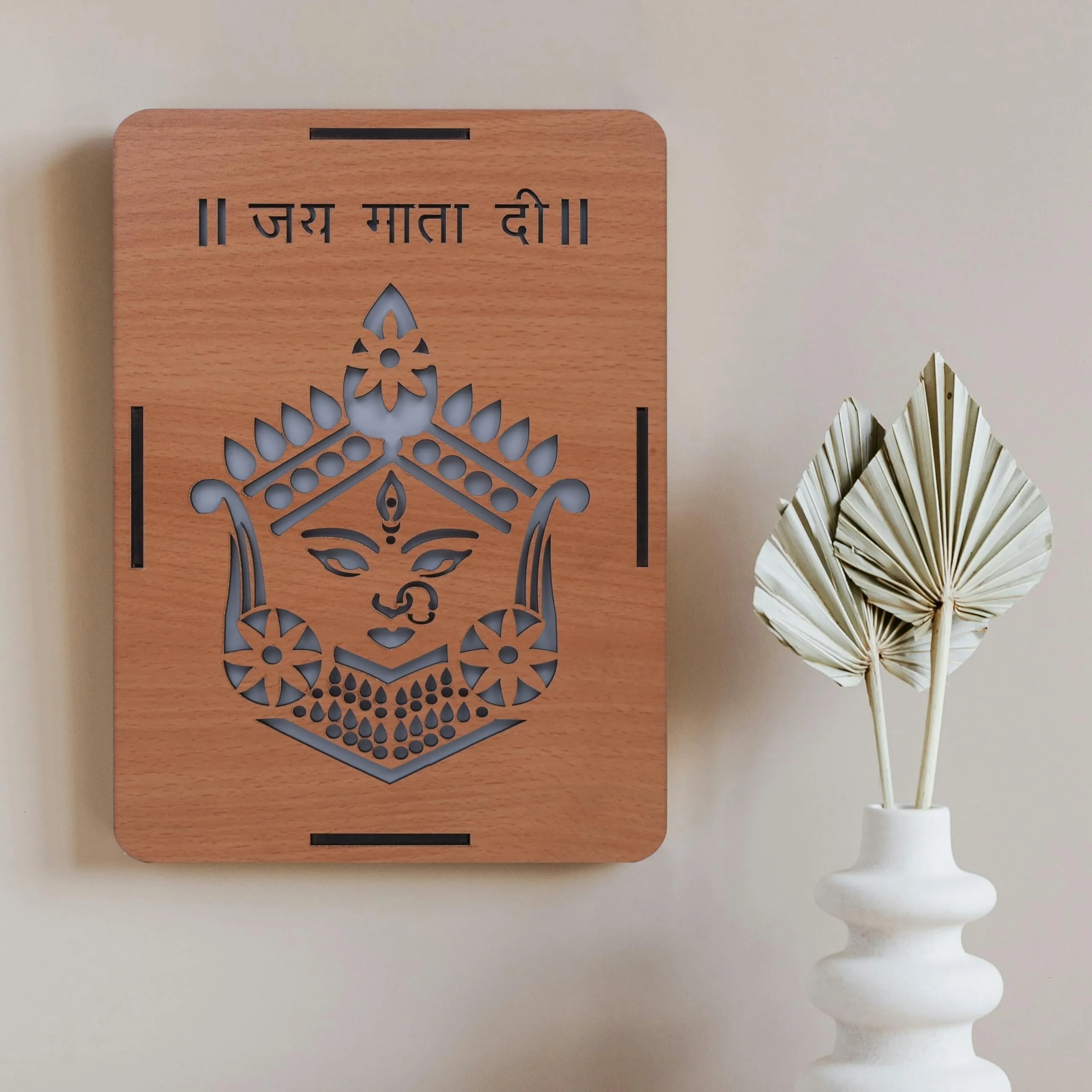 Gojeeva Premium Engineered Wood Multicolor LED Jai Mata Di Carved Pattern Wall Frame For Home, Office, Drawing Room, Wooden Frame LED Wall Frame Lamp, Landscape, Brown (18X12cm), (Pack Of 1)