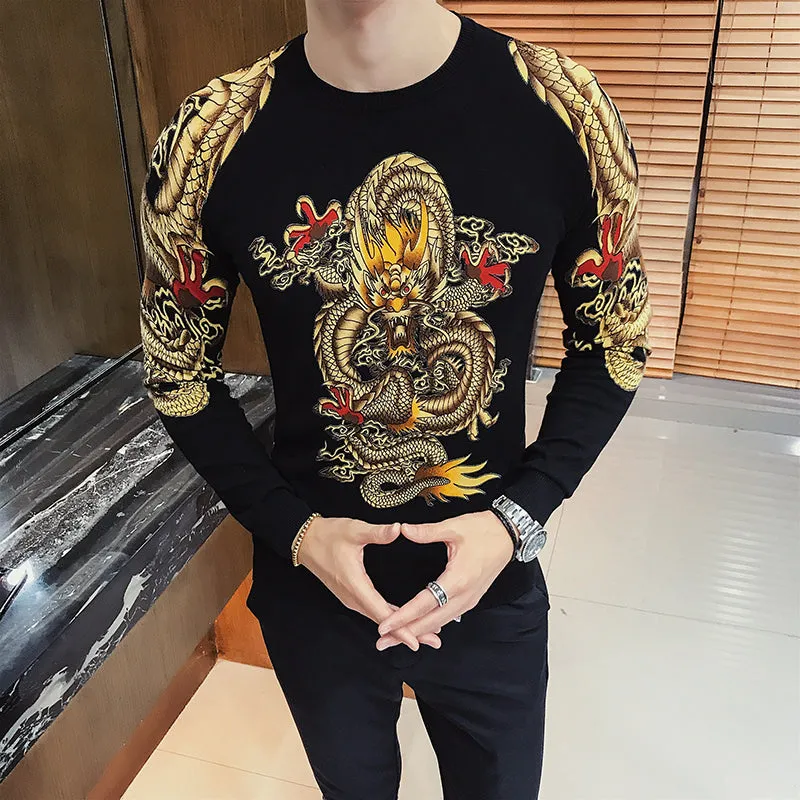 Gold Dragon Art Print Sweater Men Sweater