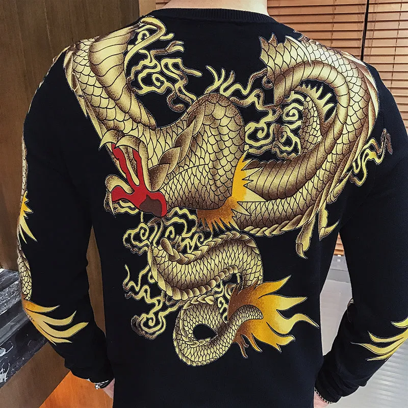 Gold Dragon Art Print Sweater Men Sweater