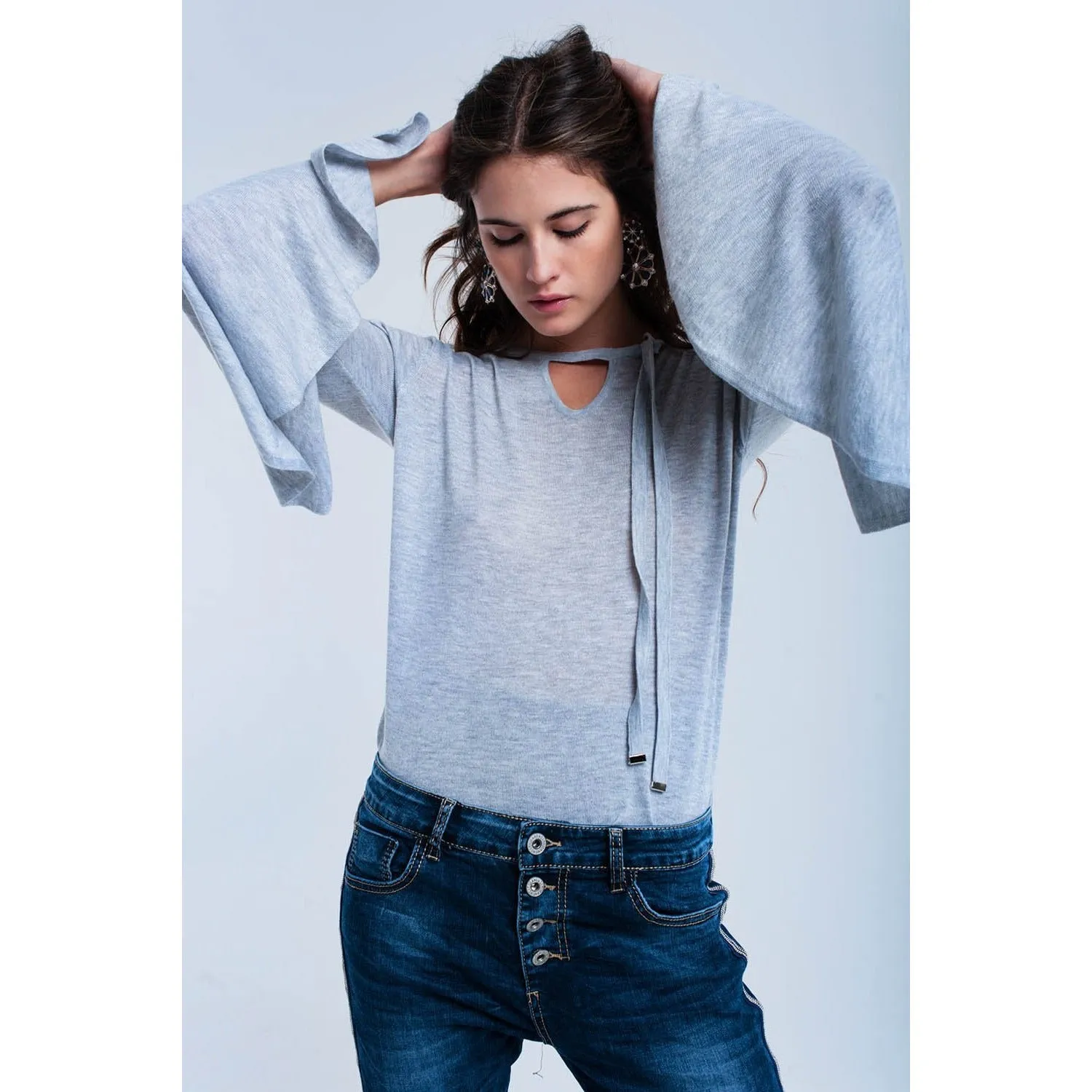 Gray Top With Bell Sleeves