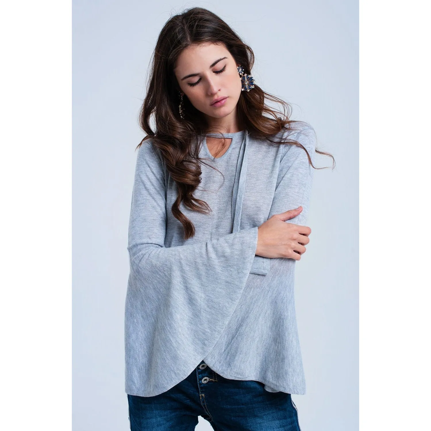 Gray Top With Bell Sleeves