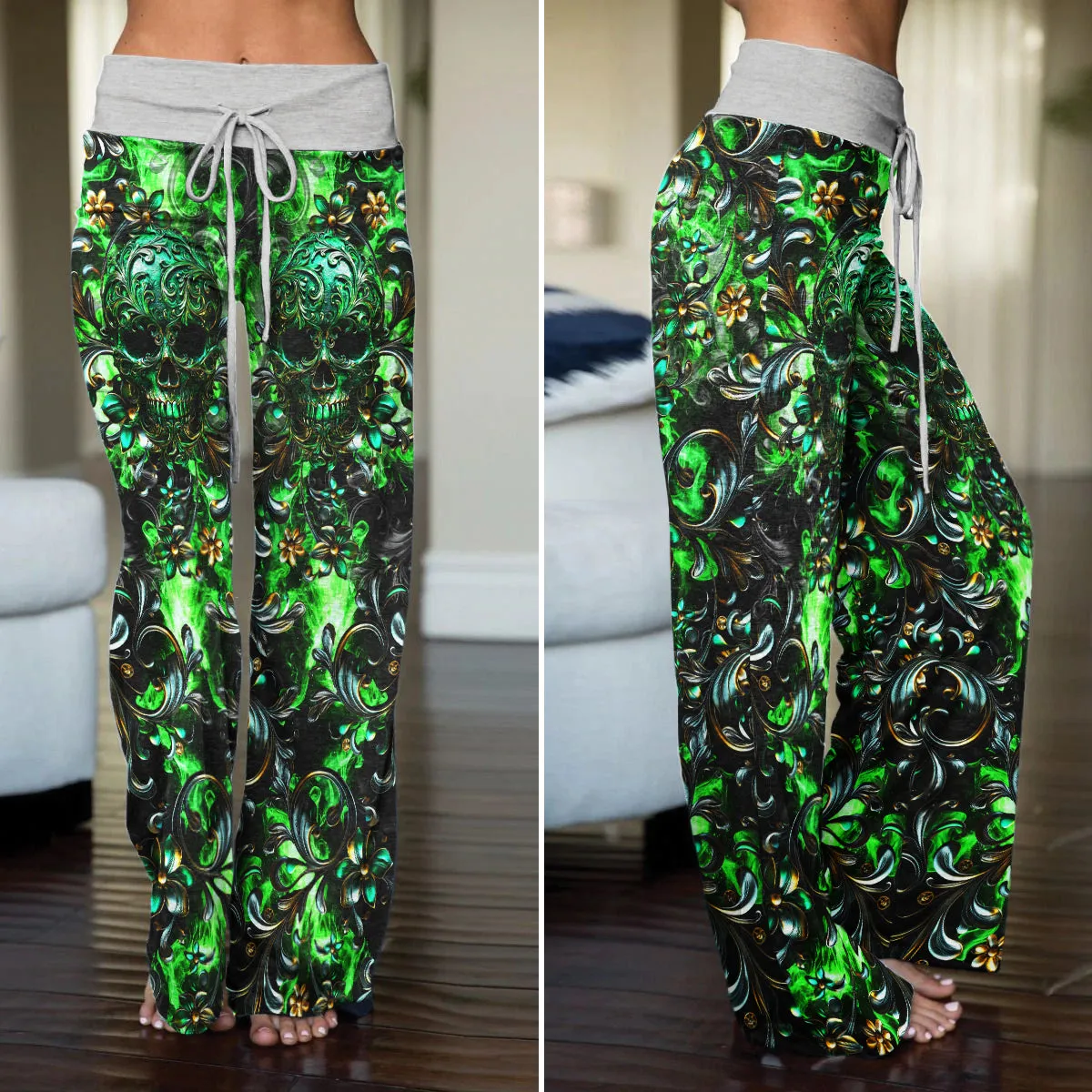 Green Filigree Skull Art Women's High-waisted Wide Leg Pants