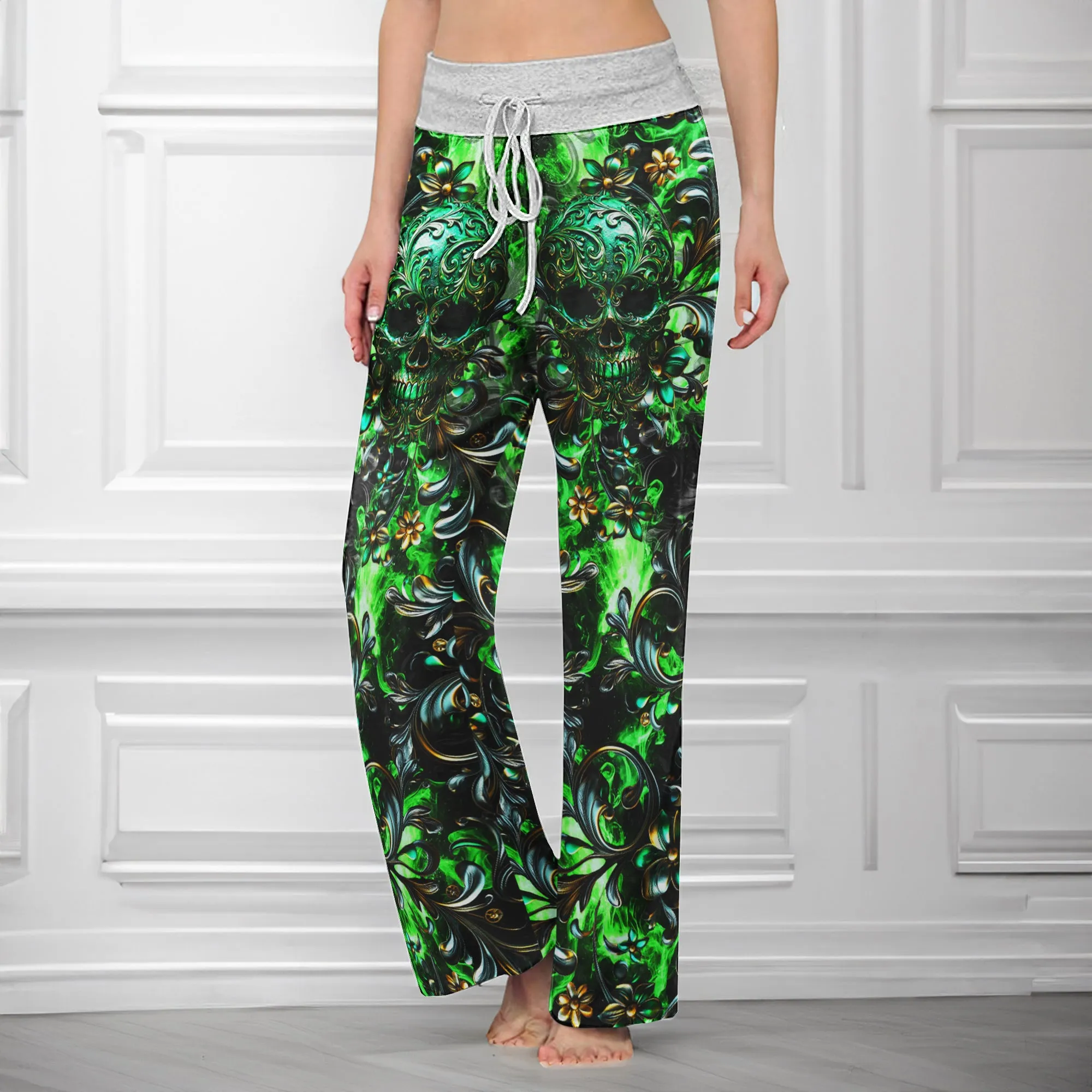 Green Filigree Skull Art Women's High-waisted Wide Leg Pants