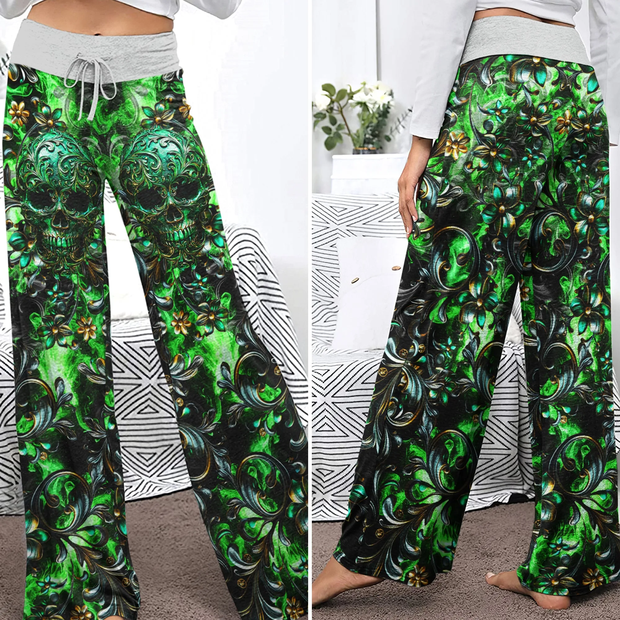 Green Filigree Skull Art Women's High-waisted Wide Leg Pants