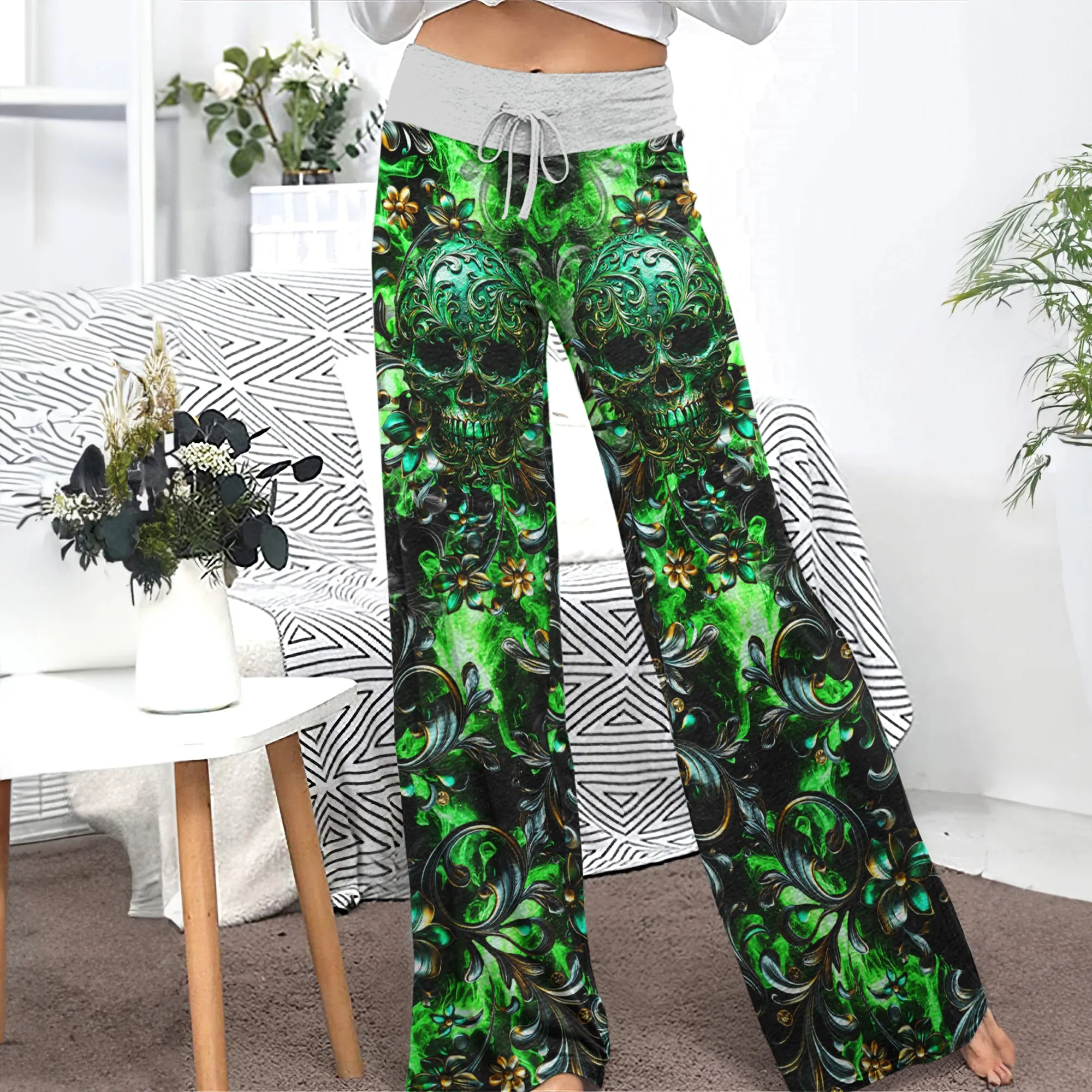 Green Filigree Skull Art Women's High-waisted Wide Leg Pants