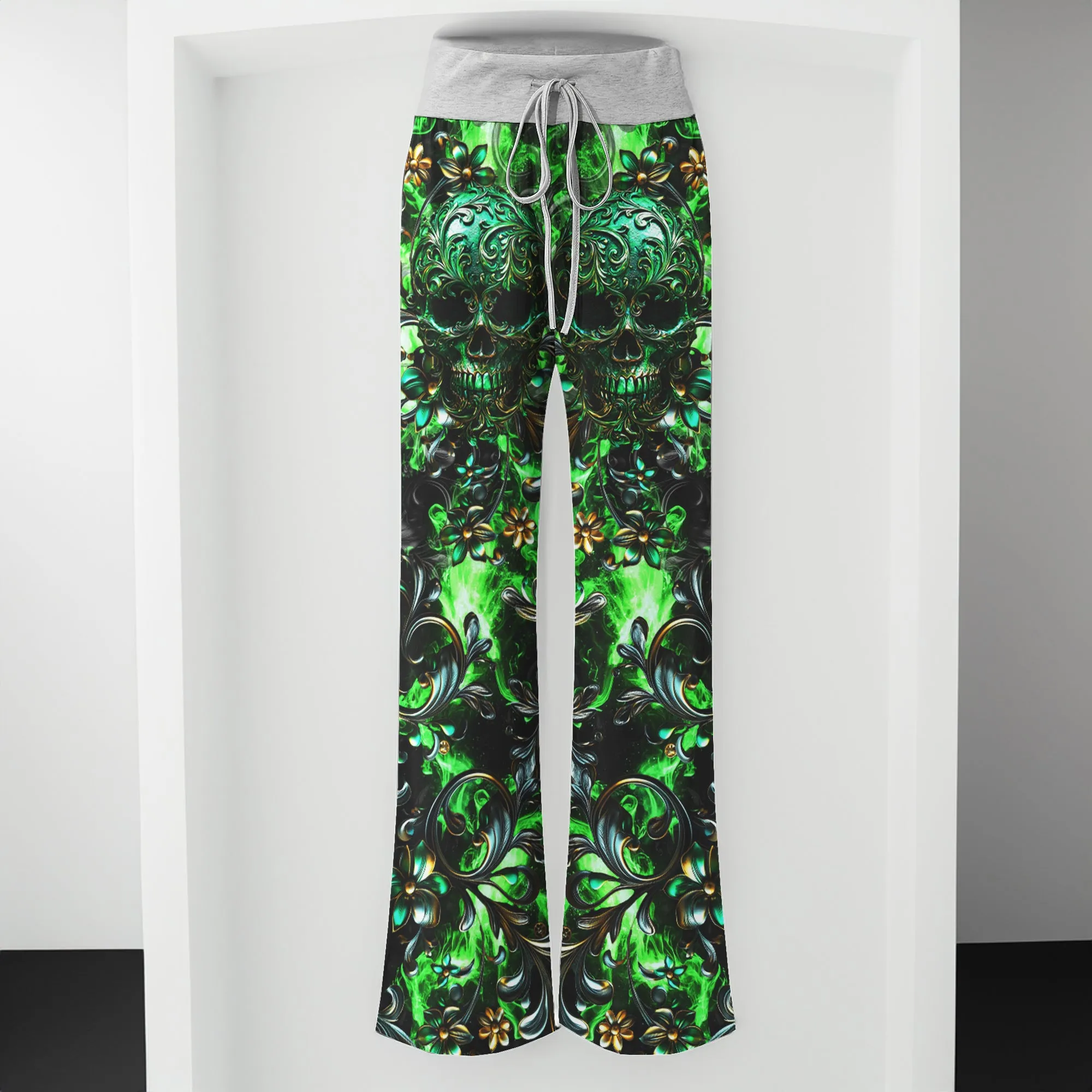 Green Filigree Skull Art Women's High-waisted Wide Leg Pants