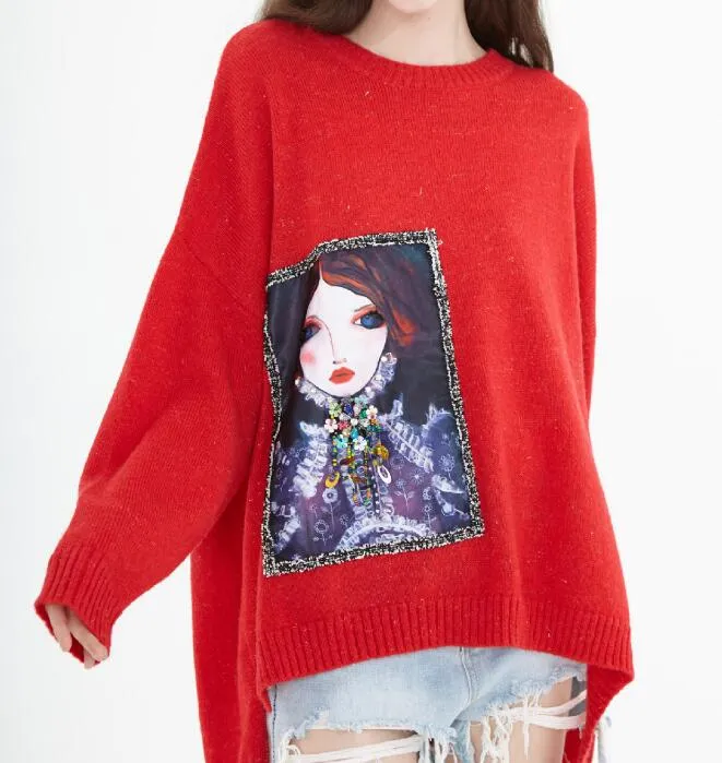 Irregular O Neck loose Women Tops Woolen Long Knit Sweater