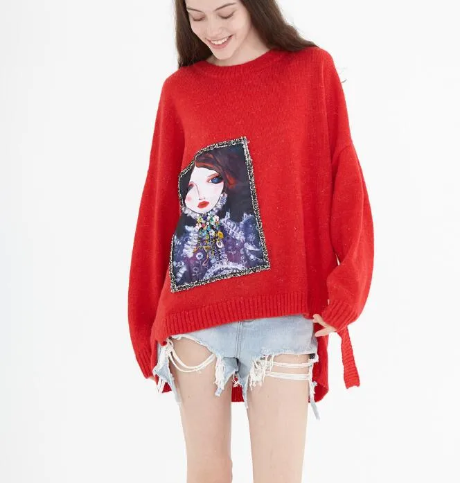 Irregular O Neck loose Women Tops Woolen Long Knit Sweater