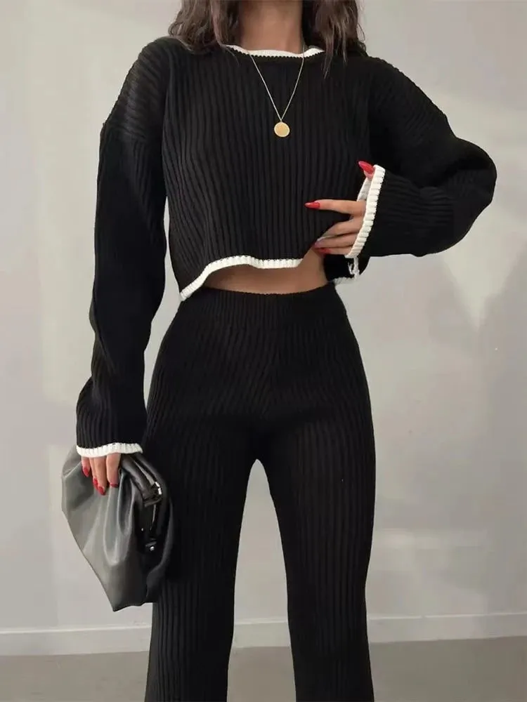 Knitted Sweater and Wide Leg Jogging Pants 2-Piece Tracksuit