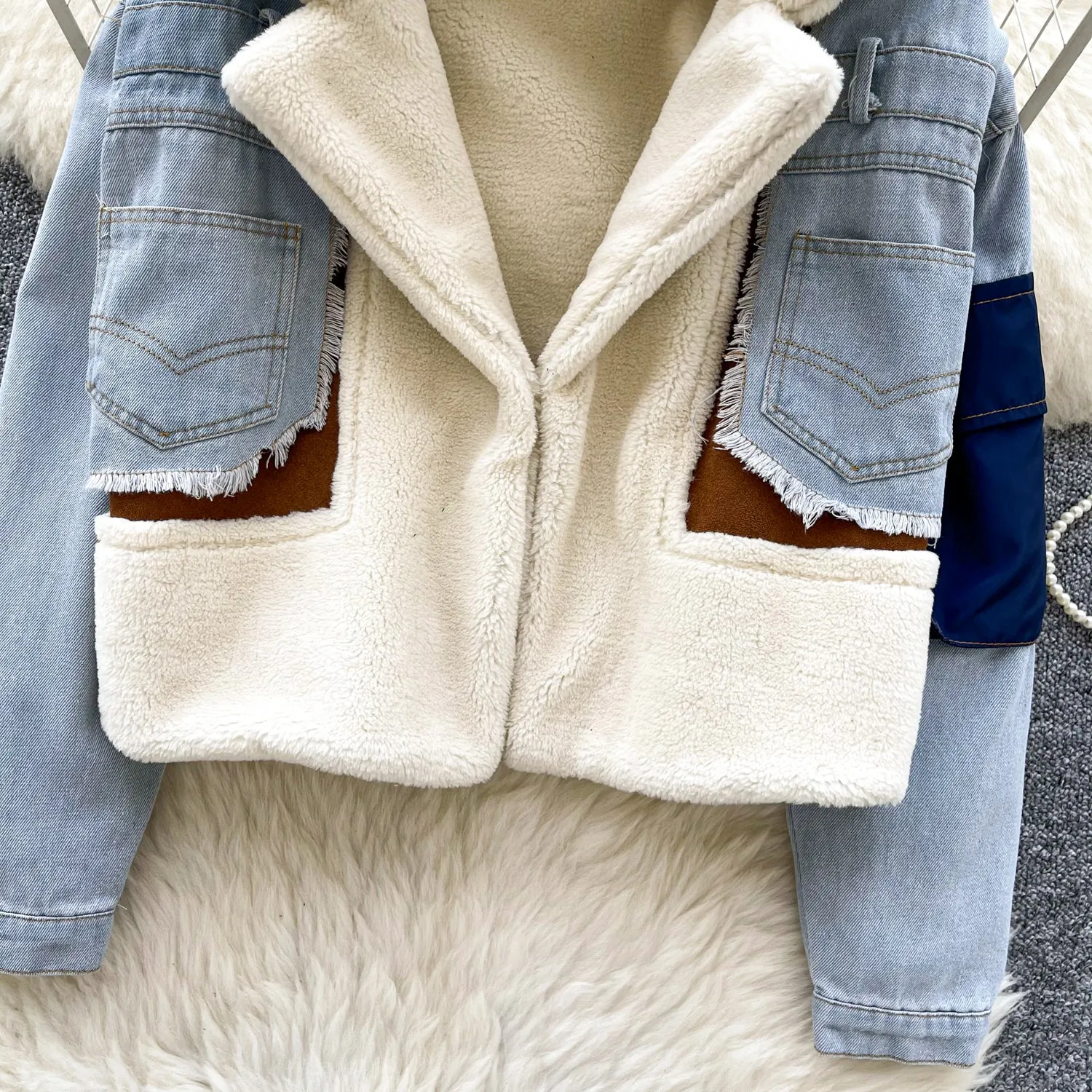 Lamb Wool Denim Patchwork Jacket