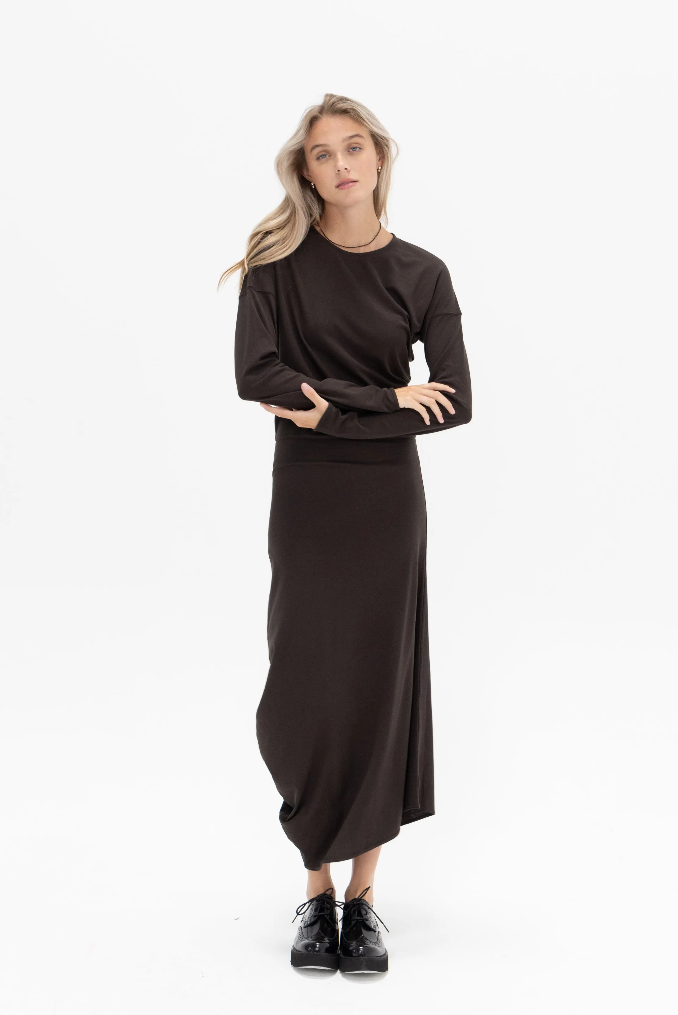 Long Sleeve Twisted Dress, Dark Espresso