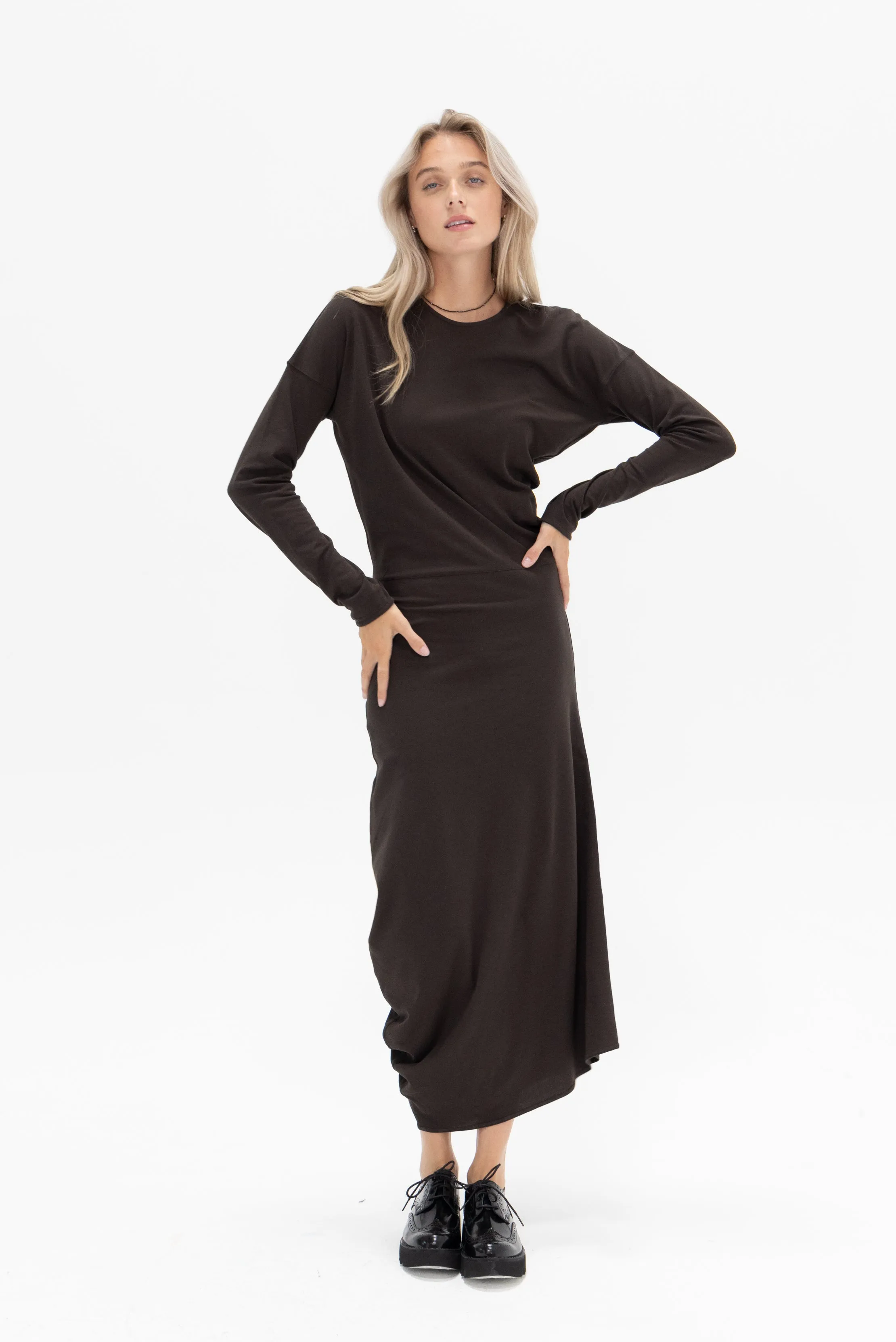 Long Sleeve Twisted Dress, Dark Espresso