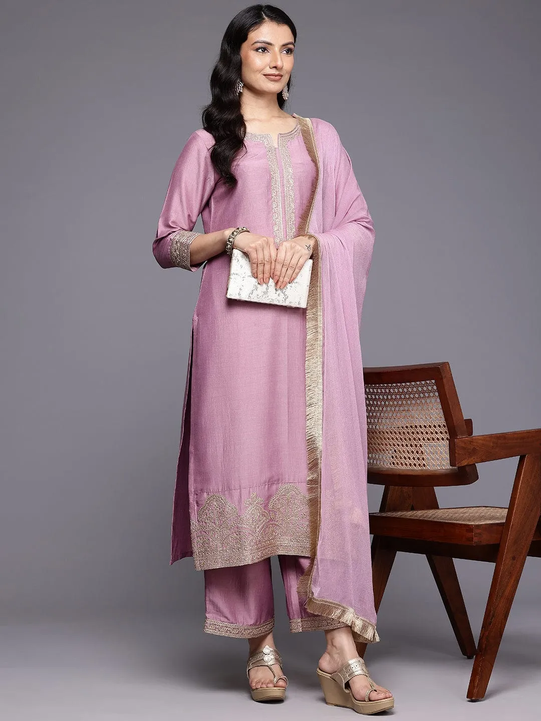 Mauve Silk Blend Zari Embroidered Suit Set with Pure Silk Dupatta