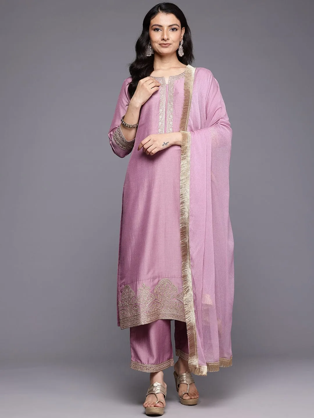 Mauve Silk Blend Zari Embroidered Suit Set with Pure Silk Dupatta