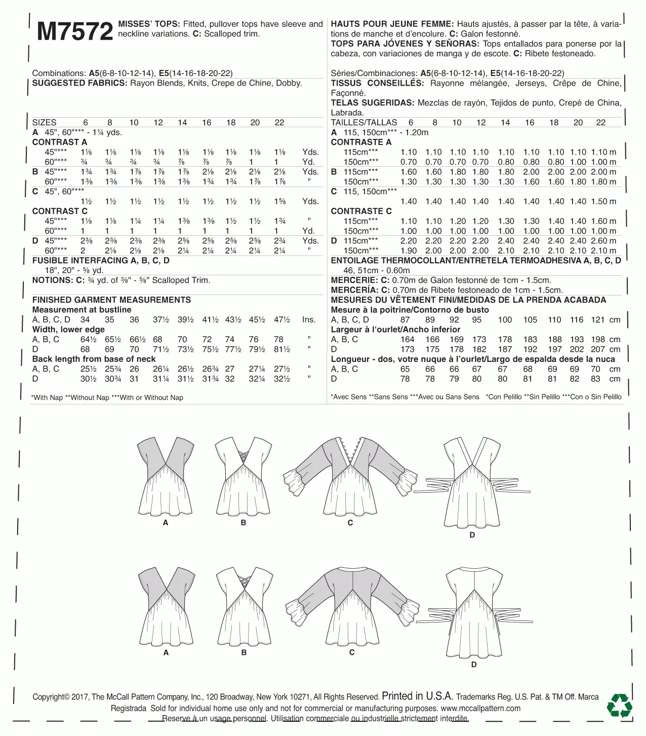 McCall's Pattern M7572 Misses' V-Neck, Gathered Tops with Sleeve and Tie Variations