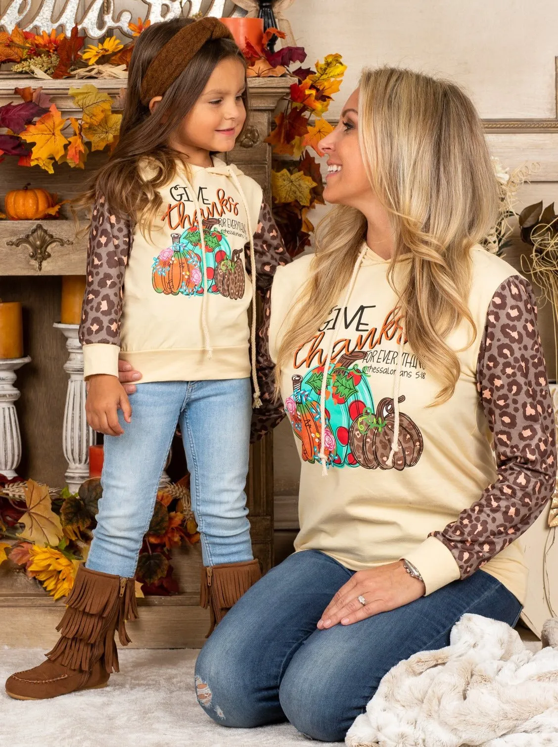 Mommy and Me Give Thanks Leopard Sleeve Hoodie