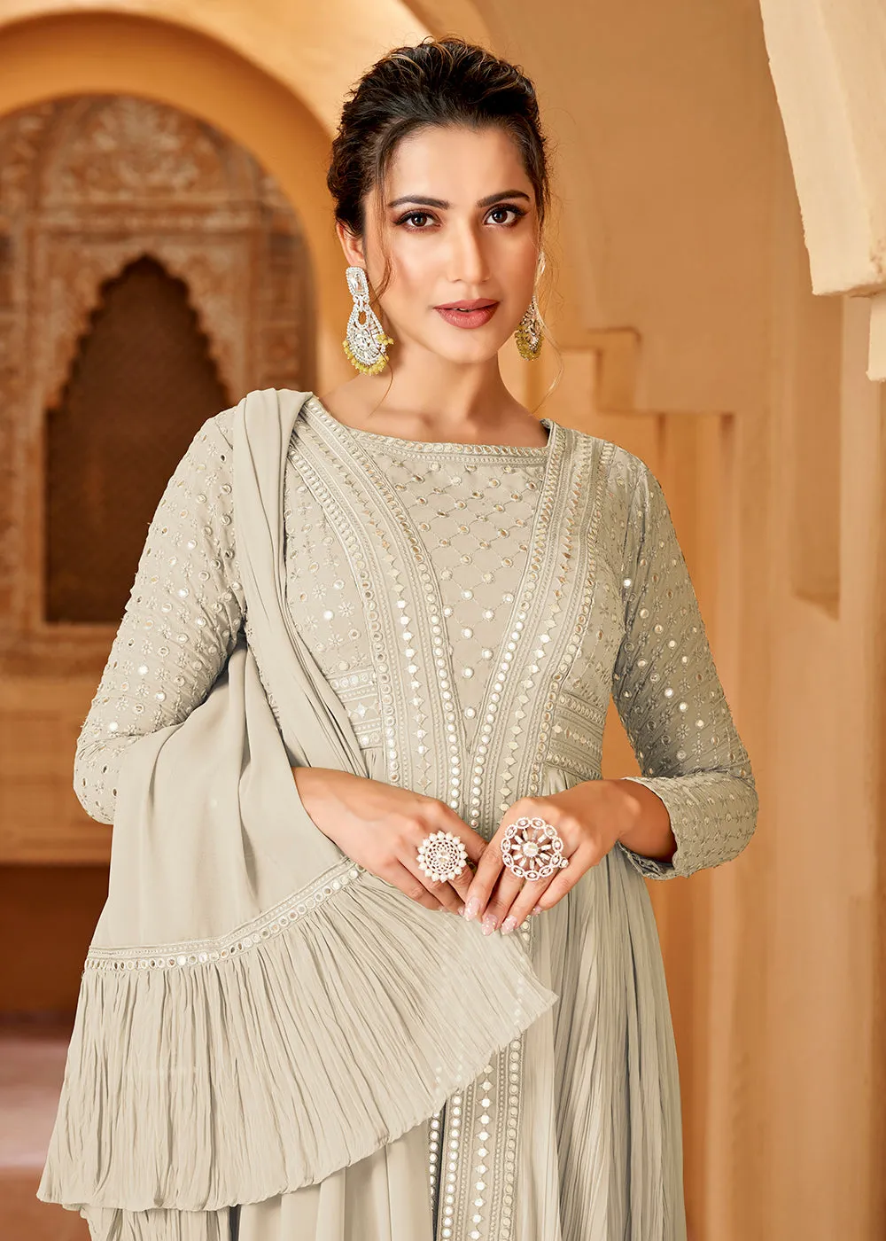 Off White Crushed Georgette Mirror Lucknowi Work Anarkali Dress