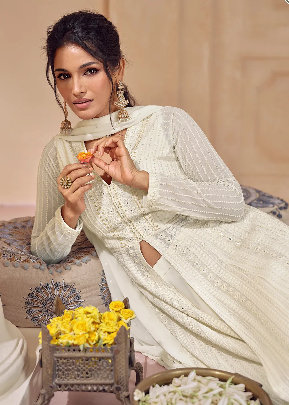 Palazzo Style Off White Lucknowi Embroidered Anarkali Suit