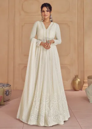 Palazzo Style Off White Lucknowi Embroidered Anarkali Suit