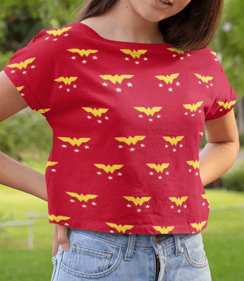 "WONDER WOMAN" - PRINTED HALF-SLEEVE CROP TOPS