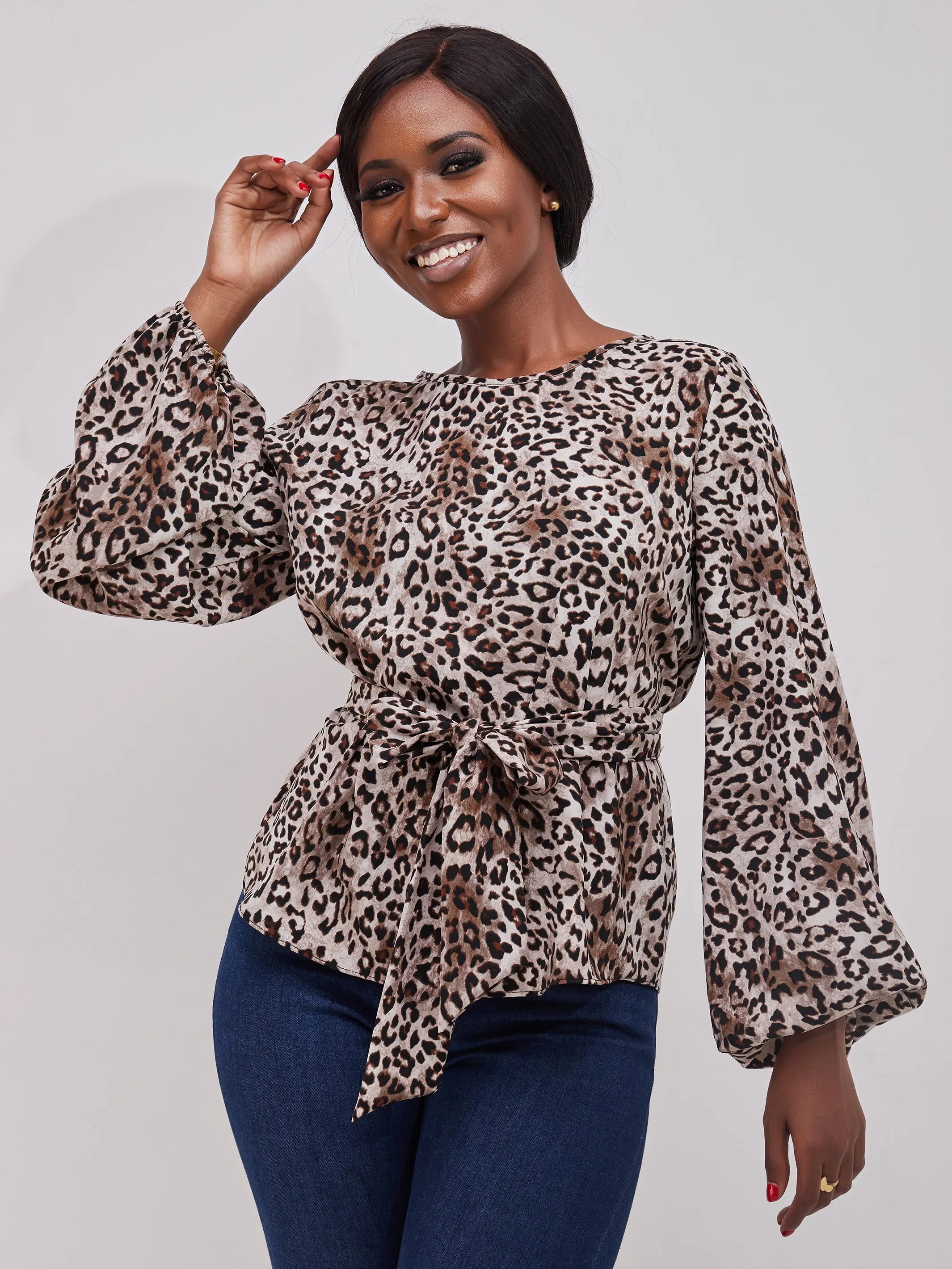 Safari Basic Bishop Sleeve Top - Brown Cheetah Print