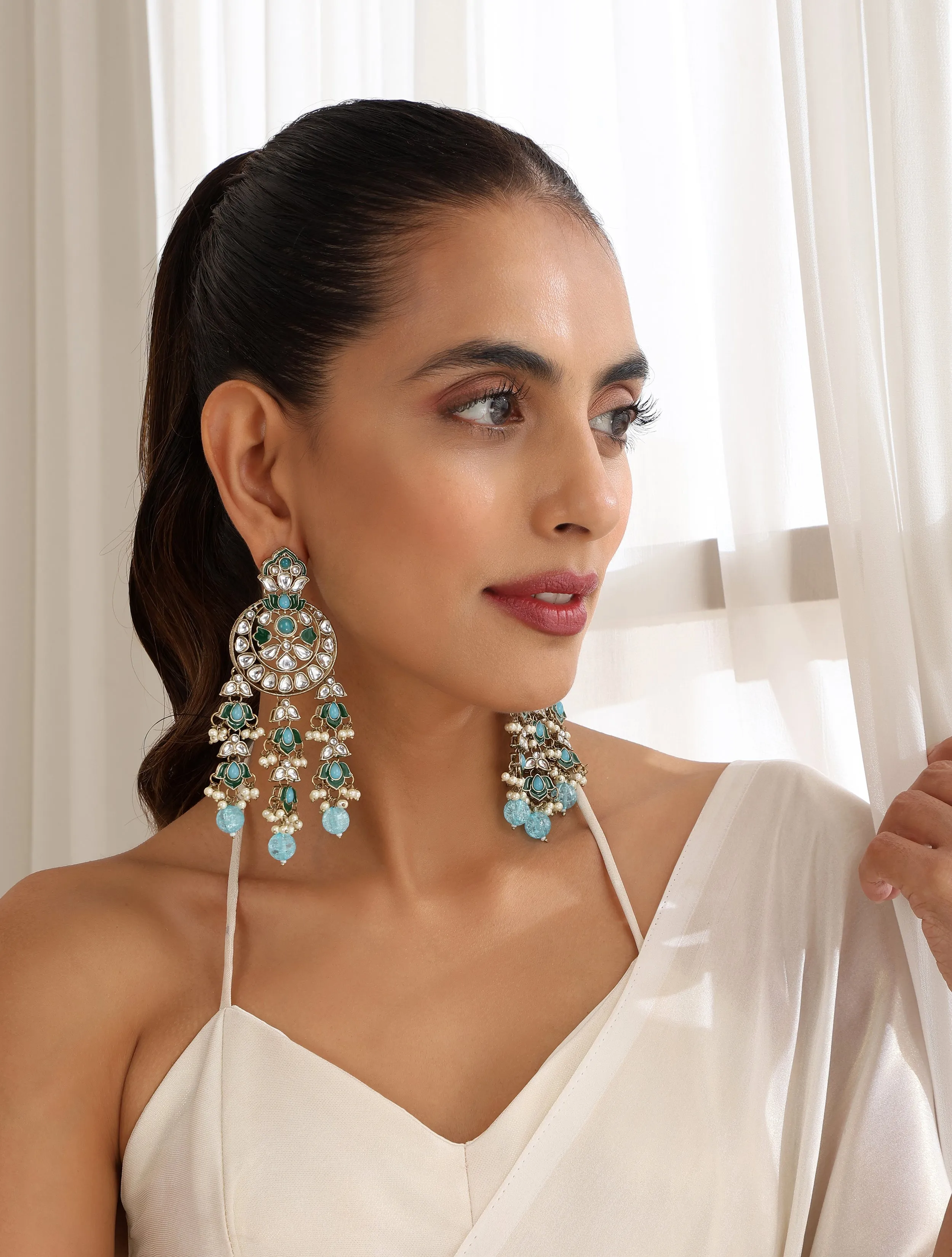 Sky Blue Color Kundan Long Earrings