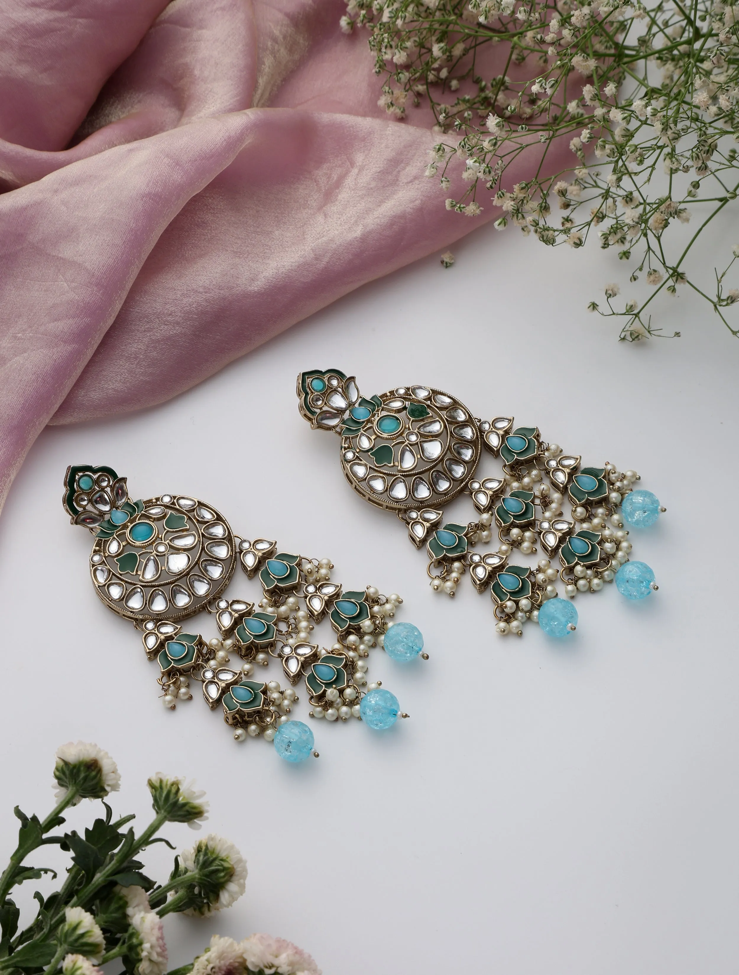 Sky Blue Color Kundan Long Earrings