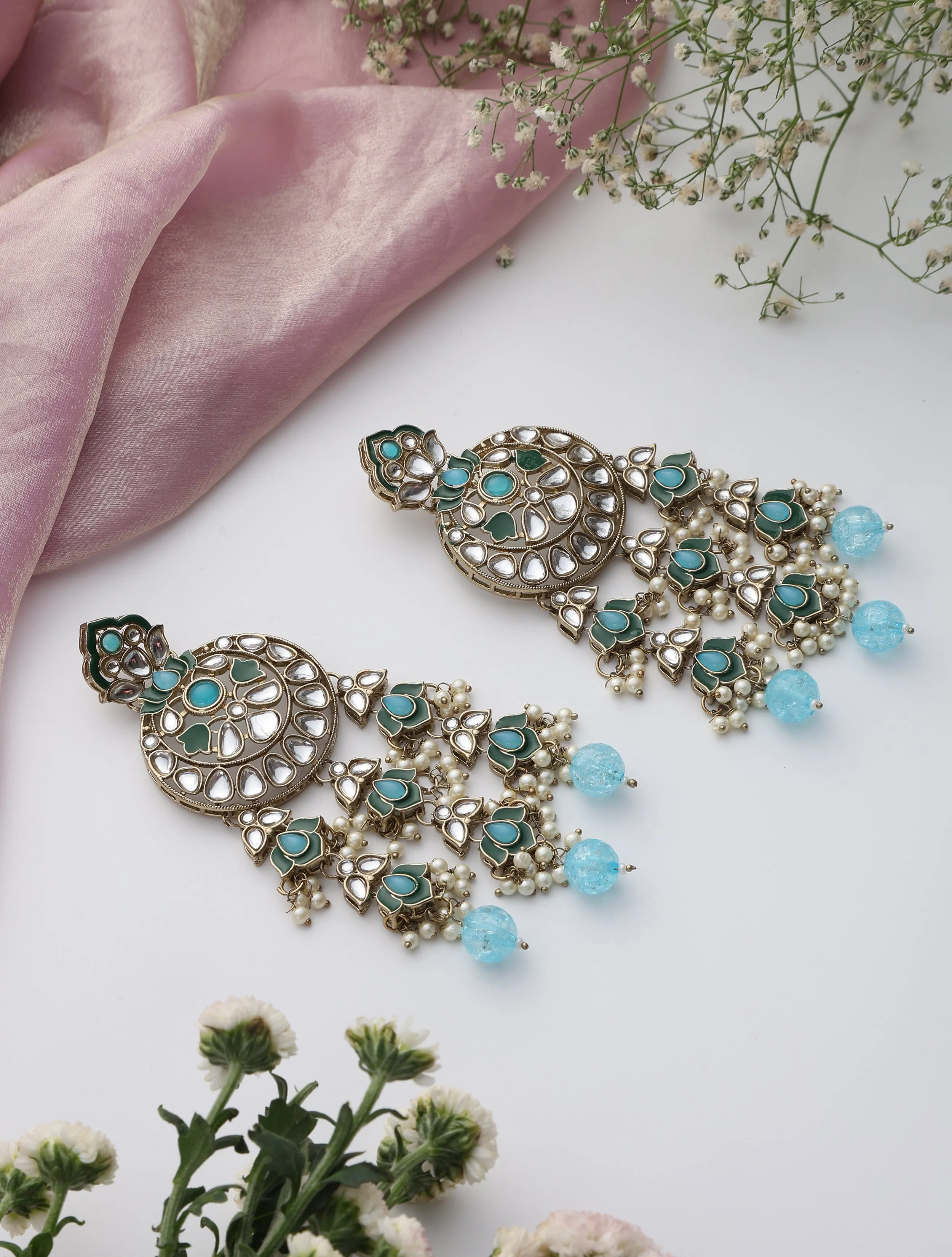 Sky Blue Color Kundan Long Earrings