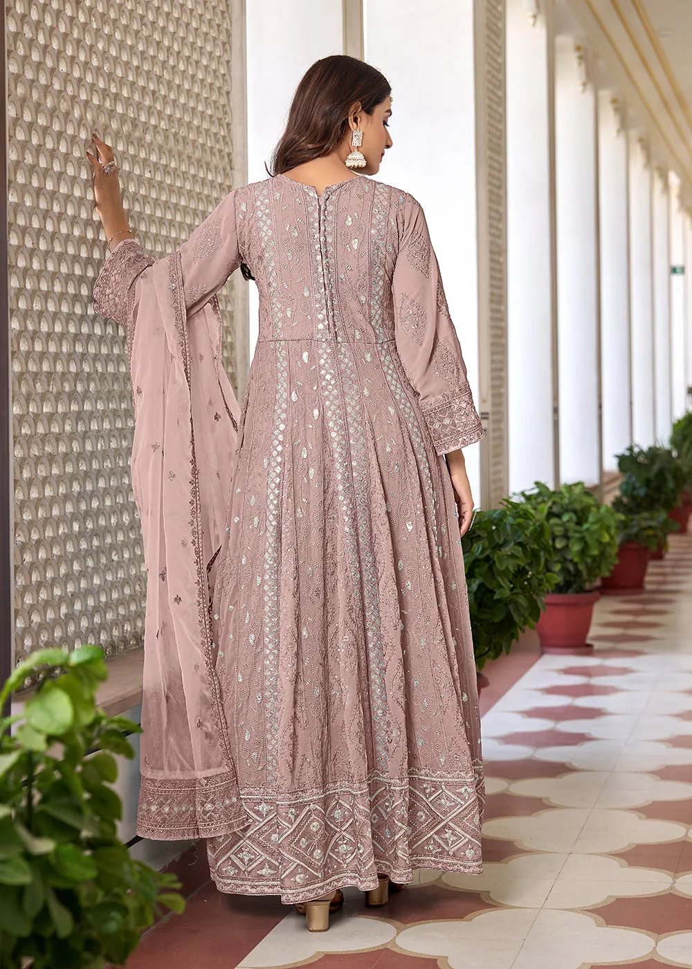 Slit Style Pink Embroidered Wedding Festive Anarkali Suit