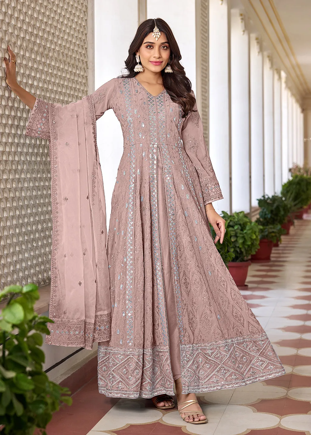 Slit Style Pink Embroidered Wedding Festive Anarkali Suit