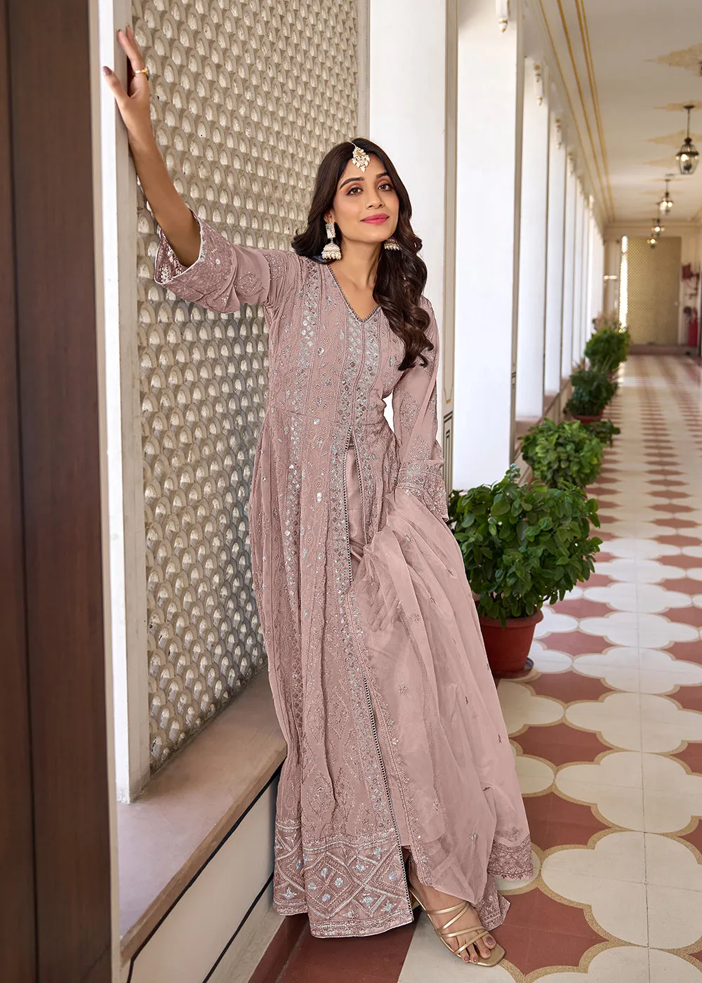 Slit Style Pink Embroidered Wedding Festive Anarkali Suit