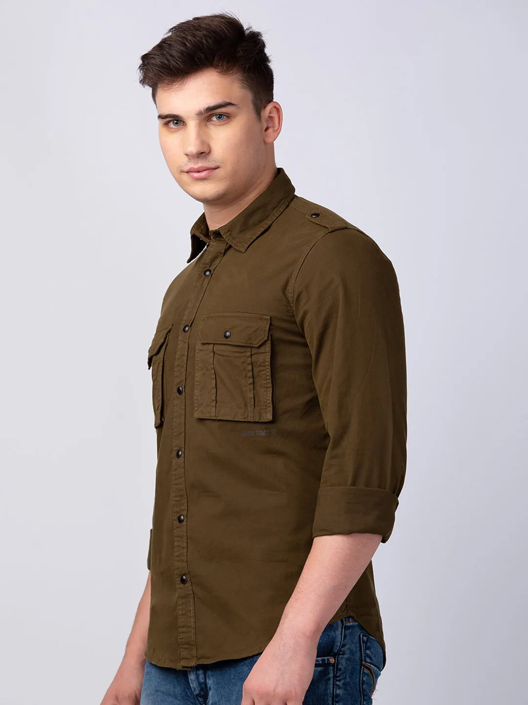 Spykar Men Olive Green Cotton Regular Slim Fit Plain Shirt