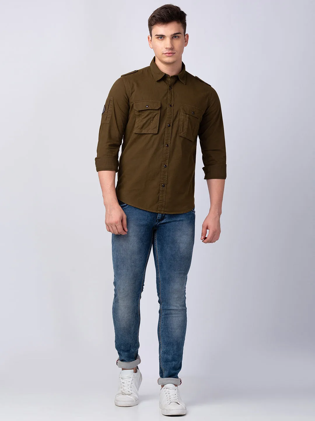 Spykar Men Olive Green Cotton Regular Slim Fit Plain Shirt