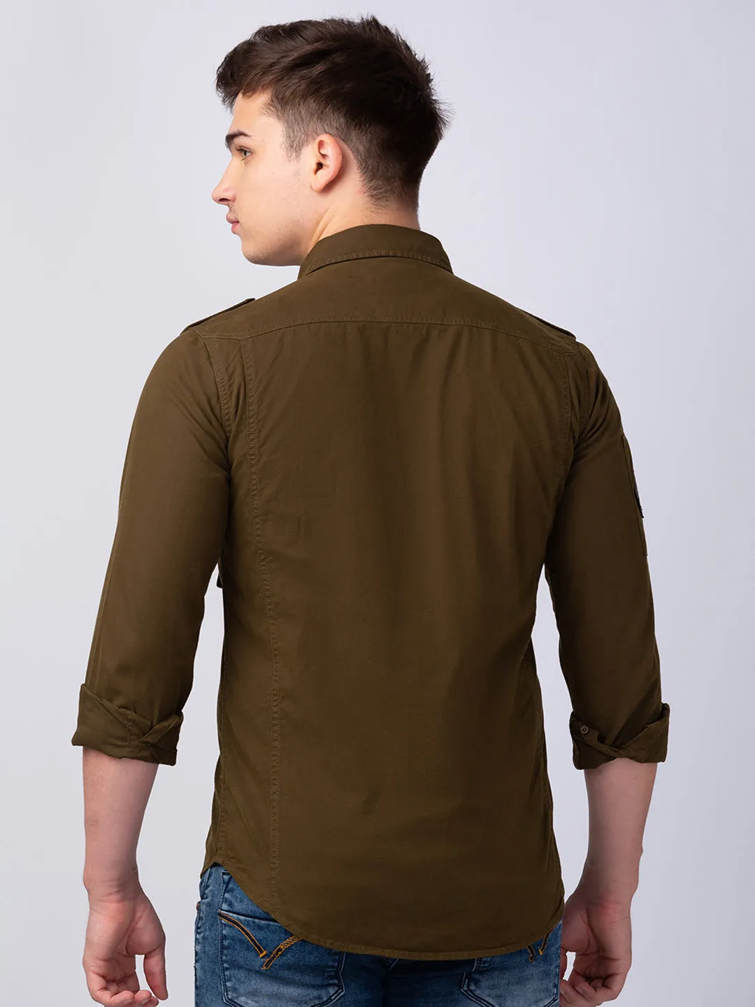 Spykar Men Olive Green Cotton Regular Slim Fit Plain Shirt