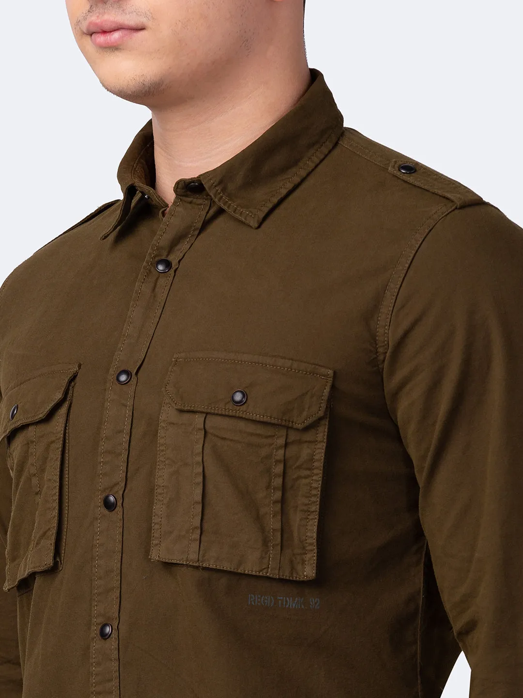 Spykar Men Olive Green Cotton Regular Slim Fit Plain Shirt